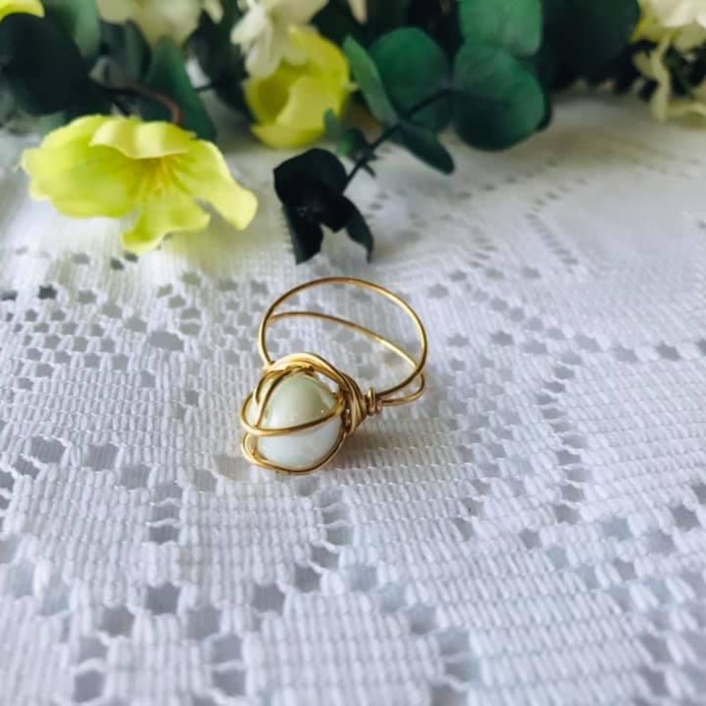 NEW Handmade Wire Wrapped Glass Pearl Ring.